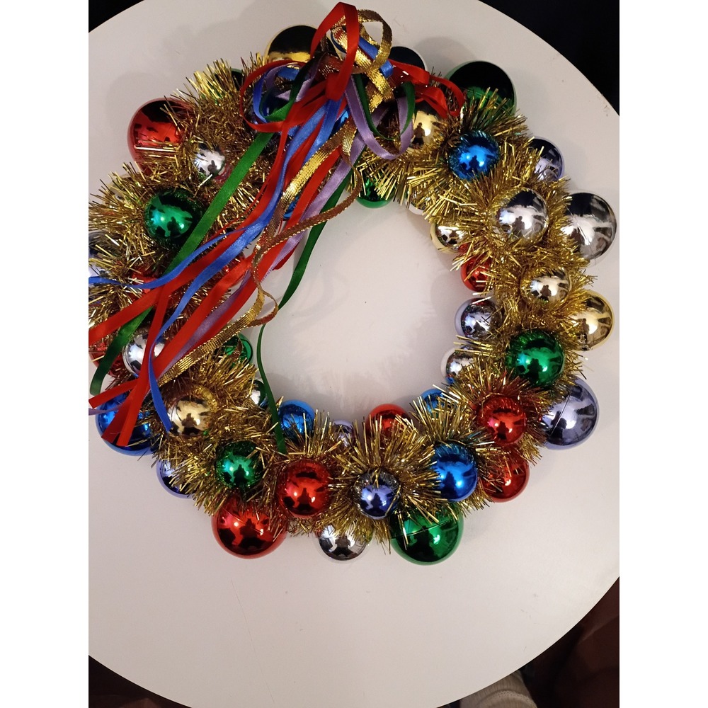 Vintage Style Christmas Wreath Gold Tinsel Multi-Color Ornaments Ribbons 13"